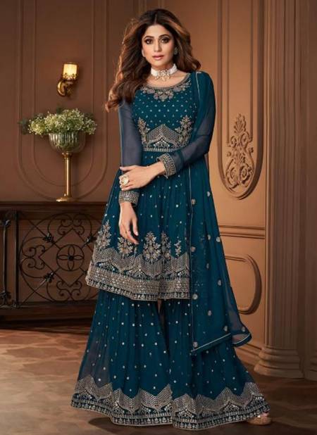 Sea Blue Colour AASHIRWAD HEROINE Heavy Designer Fancy Wedding Wear Sharara Suit Collection 8696